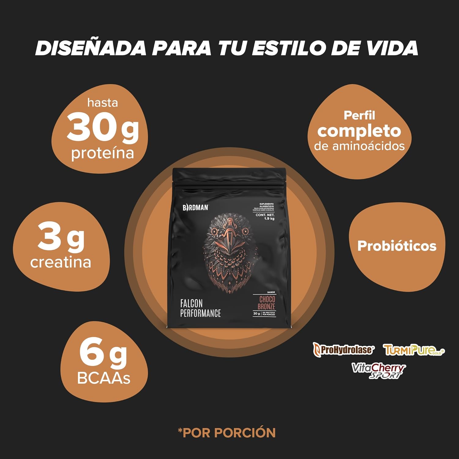 Birdman Falcon Performance Proteina Premium Alto Rendimiento En Polvo, 30gr proteina y 3gr Creatina por porción, Sin Inflamacion, Sin Acne, Sabor Choco Bronze | 50 servicios |...