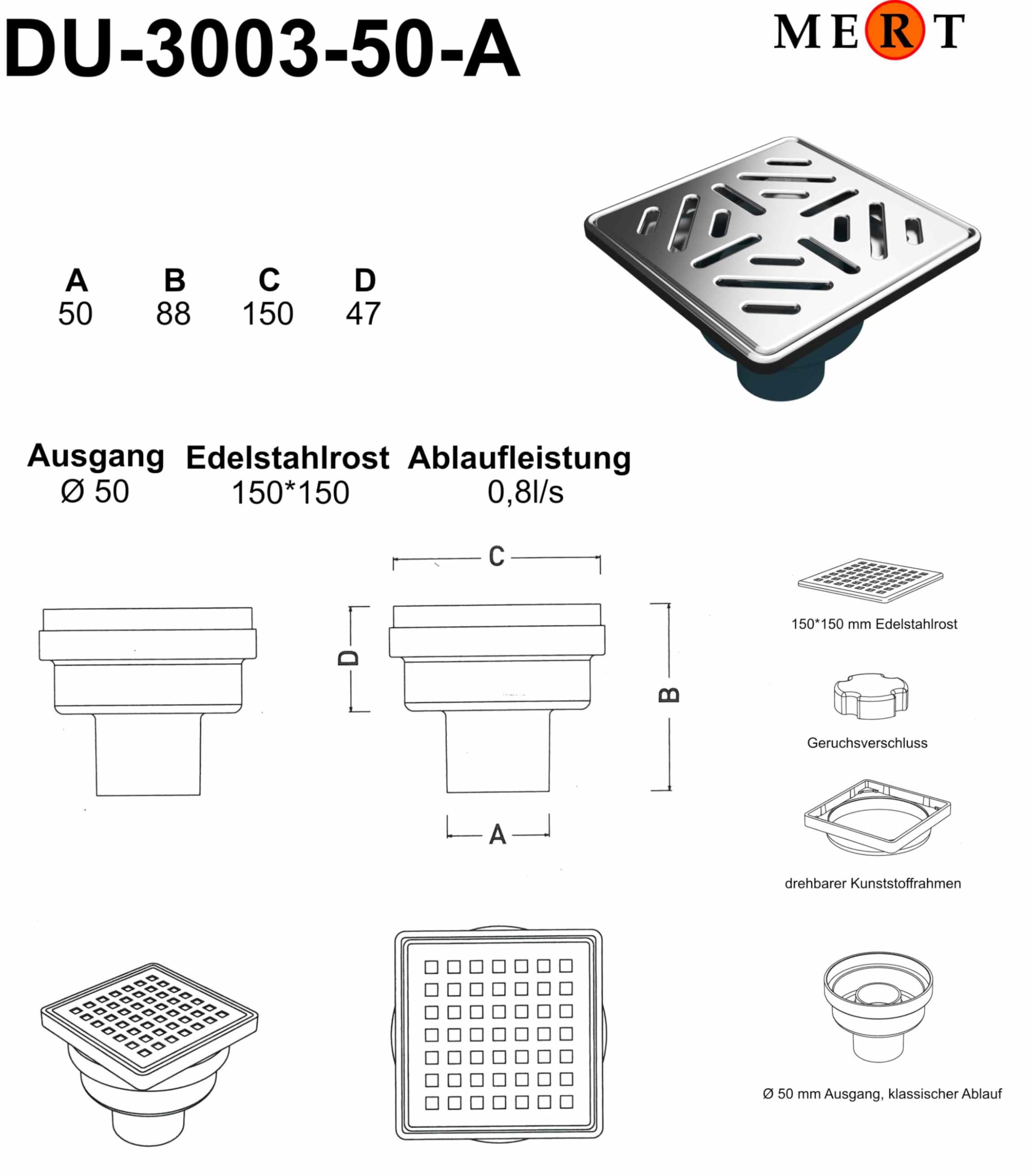 Duschablauf 150x150 mm Edelstahl – Bodenablauf mit Geruchsverschluss – Ablauf Dusche Bad – Ablaufgarnitur begehbare Dusche – Design Rost Streifen