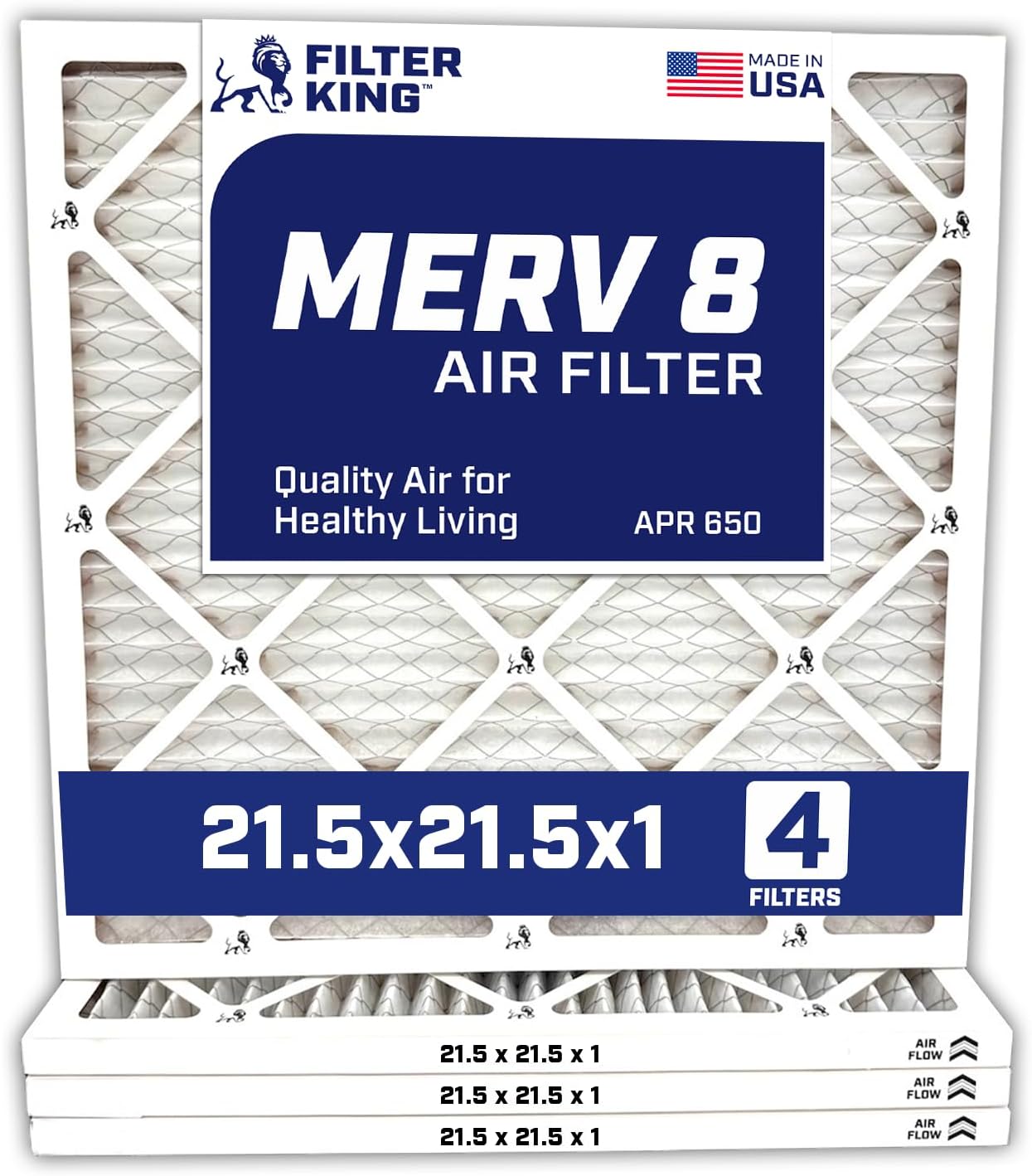 Filter King 21.5x21.5x1 Air Filter | 4-PACK | MERV 8 HVAC Pleated A/C Furnace Filters | MADE IN USA | Actual Size: 21.5 x 21.5 x .75"
