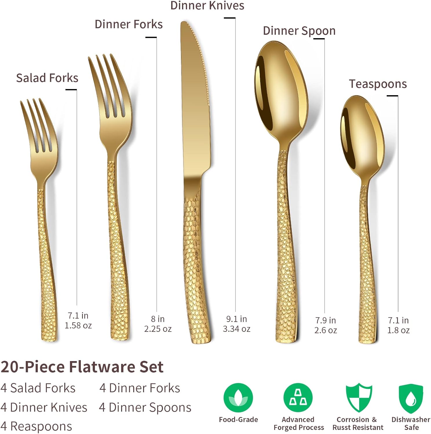 20-Piece Silverware Set, Gold Hammered Stainless Steel Flatware Sets for 4, Food-Grade Tableware Set, Including Fork Knife Spoon Set, Home Kitchen Cutlery Sets, Dishwasher Safe - Image 2