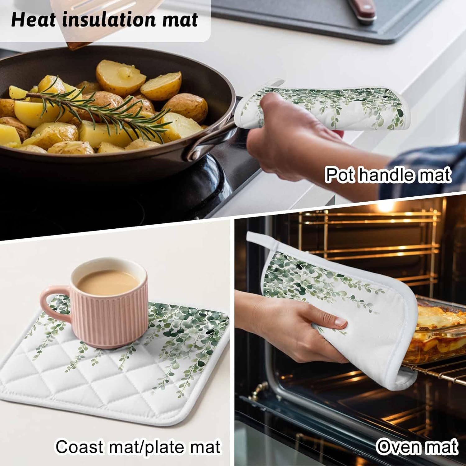5 Pack Pot Holders for Kitchen, Green Eucalyptus Branches Hot Pads for Kitchen Countertops Oven Pot Holder Bulk, Spring Botanical Leaves Vines Heat Insulation Potholders with Hanging Loops