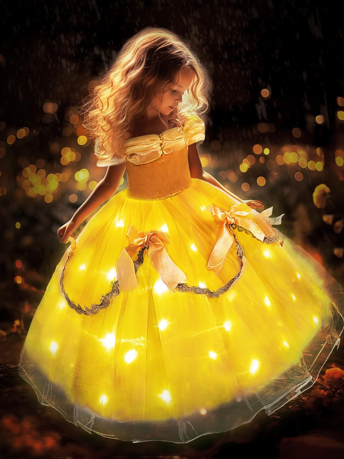 UPORPORPrincess Dress, Light Up Girls Halloween Costume for Toddler Kid Fairy Dress Up Clothes for Birrthday, Pumpkin Yellow