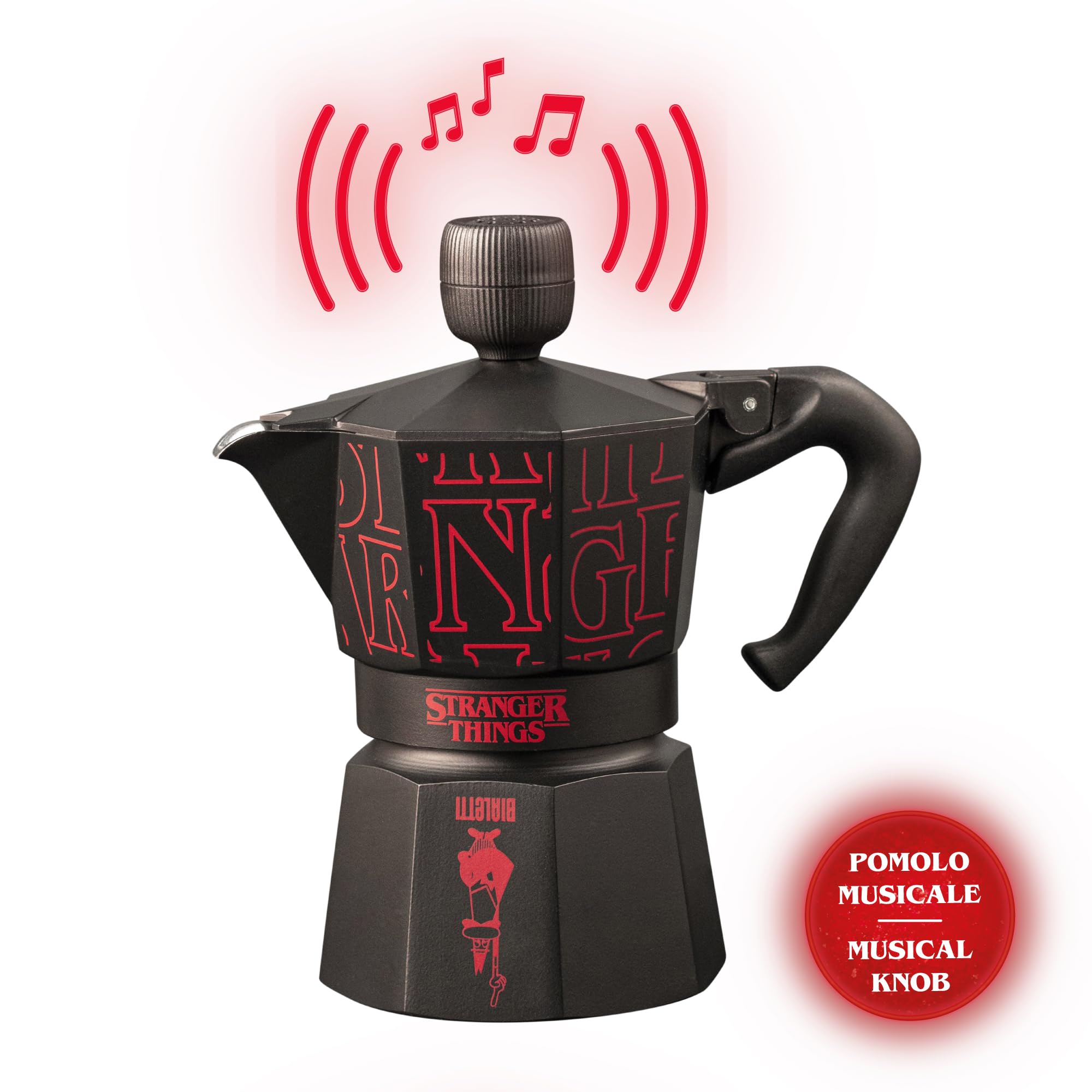 Bialetti Moka Express Stranger Things – Cafetière italienne 3 tasses (130 ml), bouton musical avec recharge USB-C, non compatible induction, noir