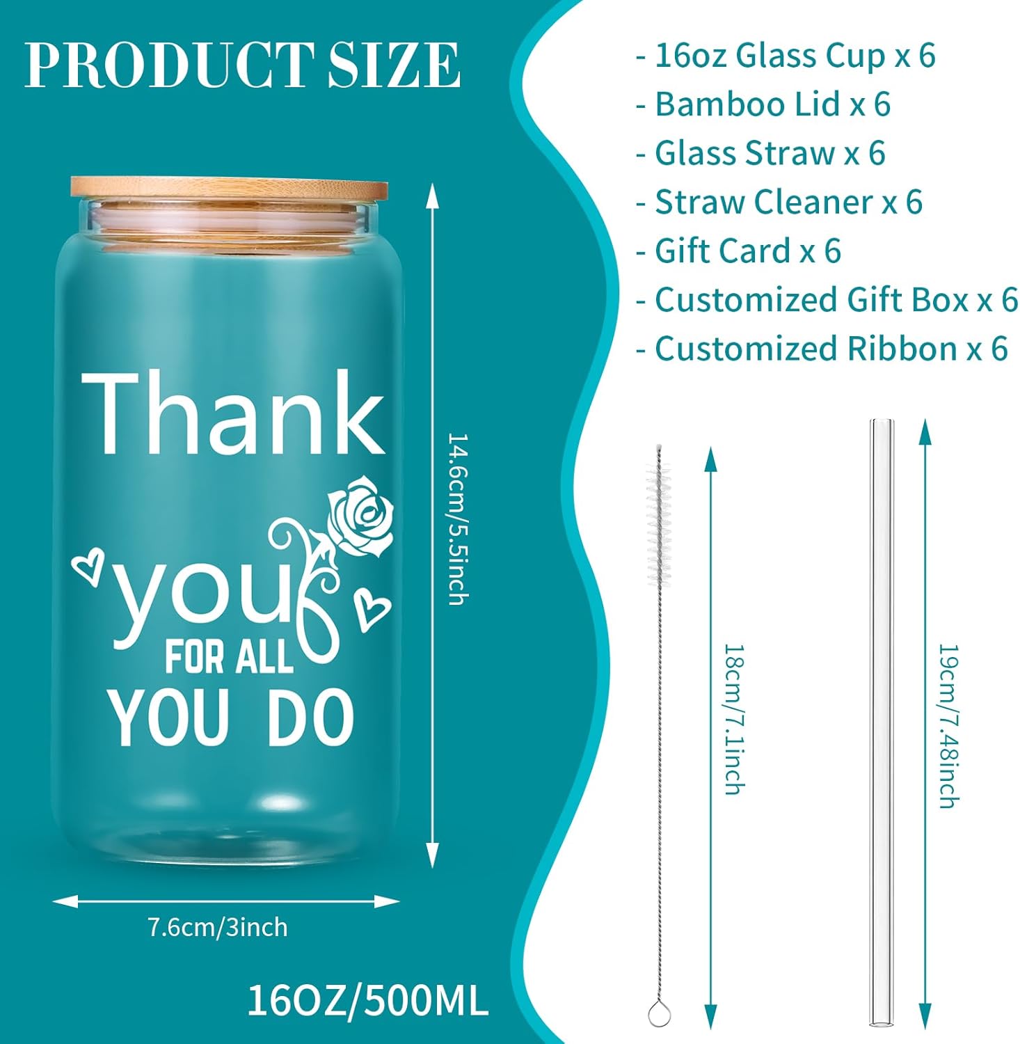 6 Set Employee Appreciation Gifts Bulk, Personalized Inspirational Thank You Gifts for Mother's Day Coworker 16 oz Can Shaped Beer Glass Cups, Gift Box and Card for Team Women Men Teacher
