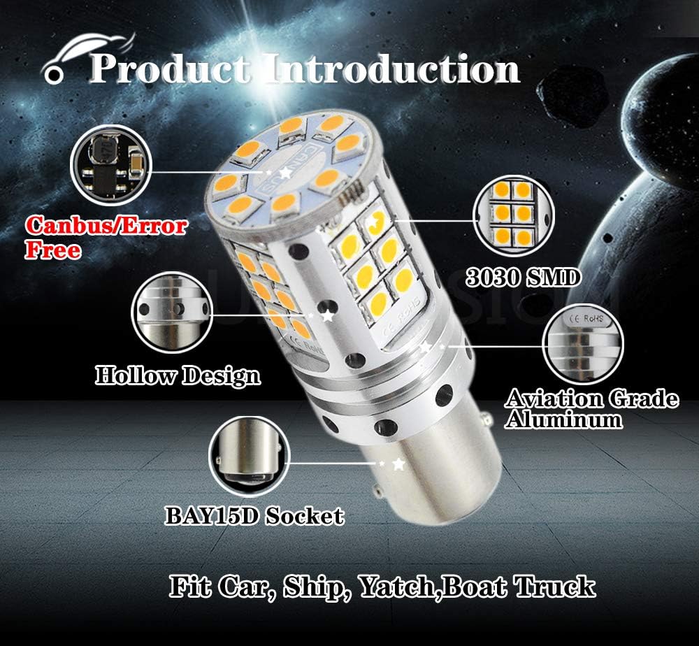 Ruiandsion 2pcs 1157 LED Bulbs Amber/Yellow 10-30V Extremely Bright 3030 32SMD Chipse Canbus Error Free 2357 7528 BAY15D LED Bulbs Replacement for Turn Signal Lights,Non-polarity