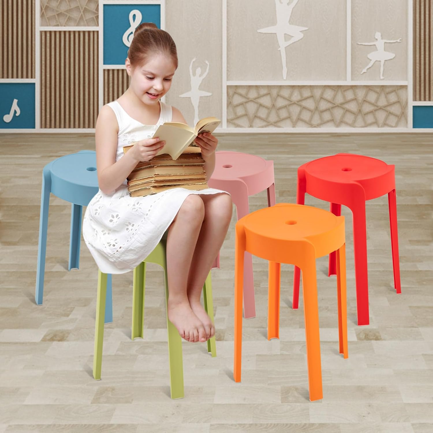 5 Pack Plastic Stackable Stools, 18 Inch Colorful Round Classroom Stools for School, Kindergarten, Home & Office