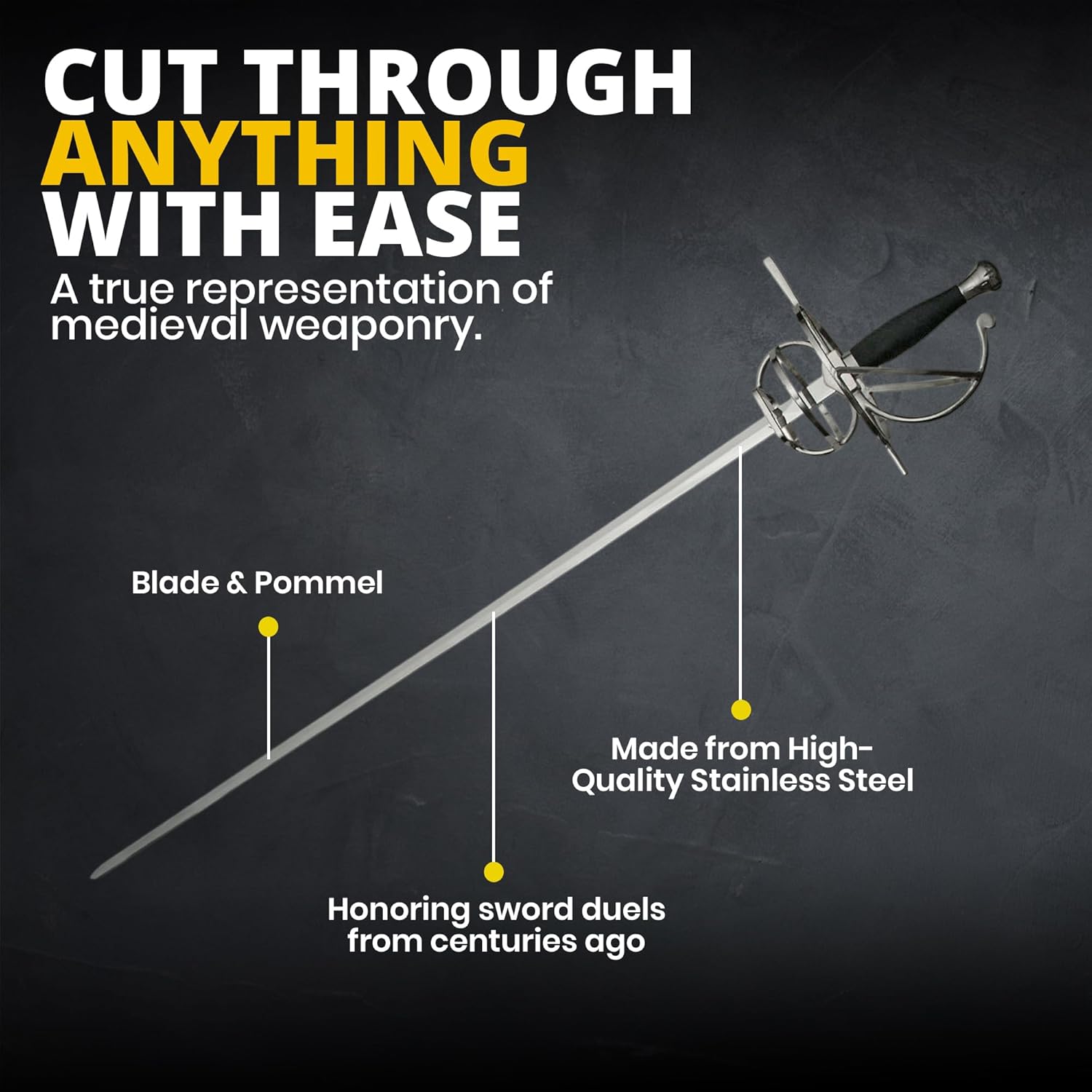SZCO Supplies 43.5” Real Rapier Sword for Adults with Scabbard, Medieval Fencing Sword, Stainless Steel Metal Blade, Black Handle, Silver Guard, and Pommel – Swords Real for Collectors