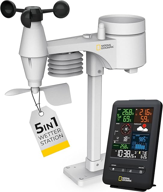 National Geographic National Geographic Wetterstation Funk mit Außensensor Wetter Center 5-in-1 Colour mit Außensensor für Temperatur, Luftfeuchtigkeit, Luftdruck, Windmesser und Regenmesser, schwarz — Wetterstationen