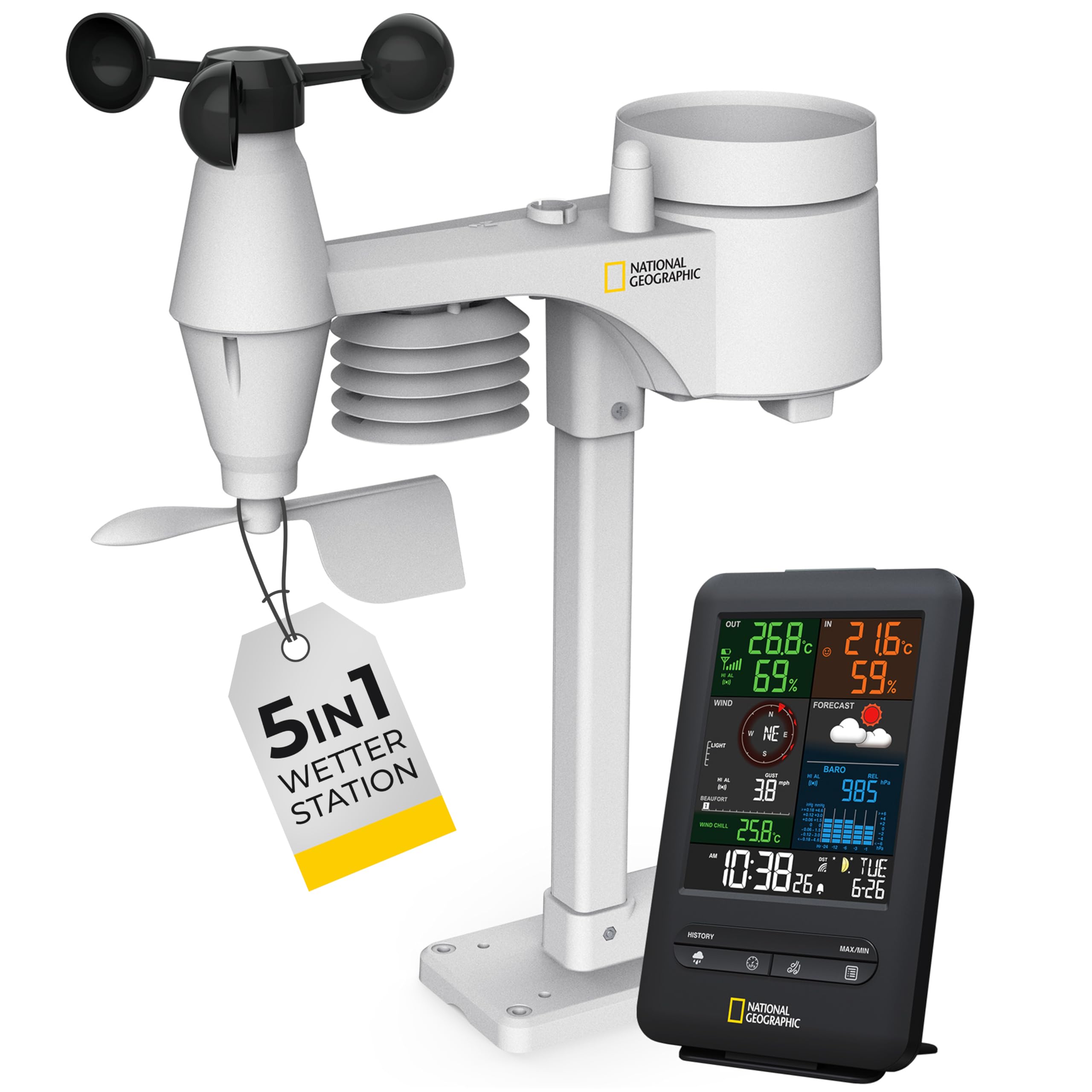 National Geographic 5-in-1 Wireless Weather Station with Color Display, Multi-Sensor, Indoor Climate Indicator