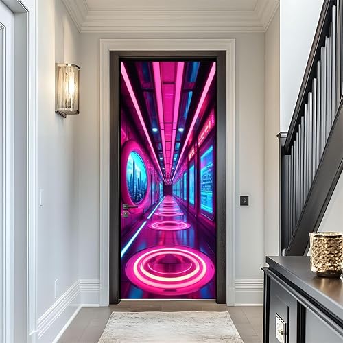 Miniatura 10 de Calcomanías para puerta, 3D y 80, neón, retro, Synthwave 3D, laberinto, cubos brillantes, líneas geométricas, murales, papel tapiz autoadhesivo para