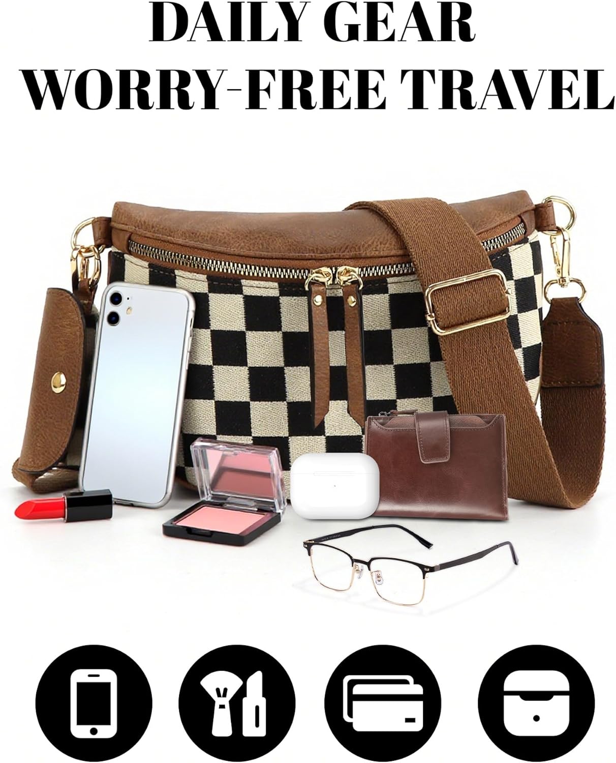 Fashionable Checkered Crossbody Bum Bag for Women - Large Capacity Fanny Pack, Belt Bag Sling Bag, Durable PU Leather, Stylish for Travel & Daily Use (Brown grid) - Image 5