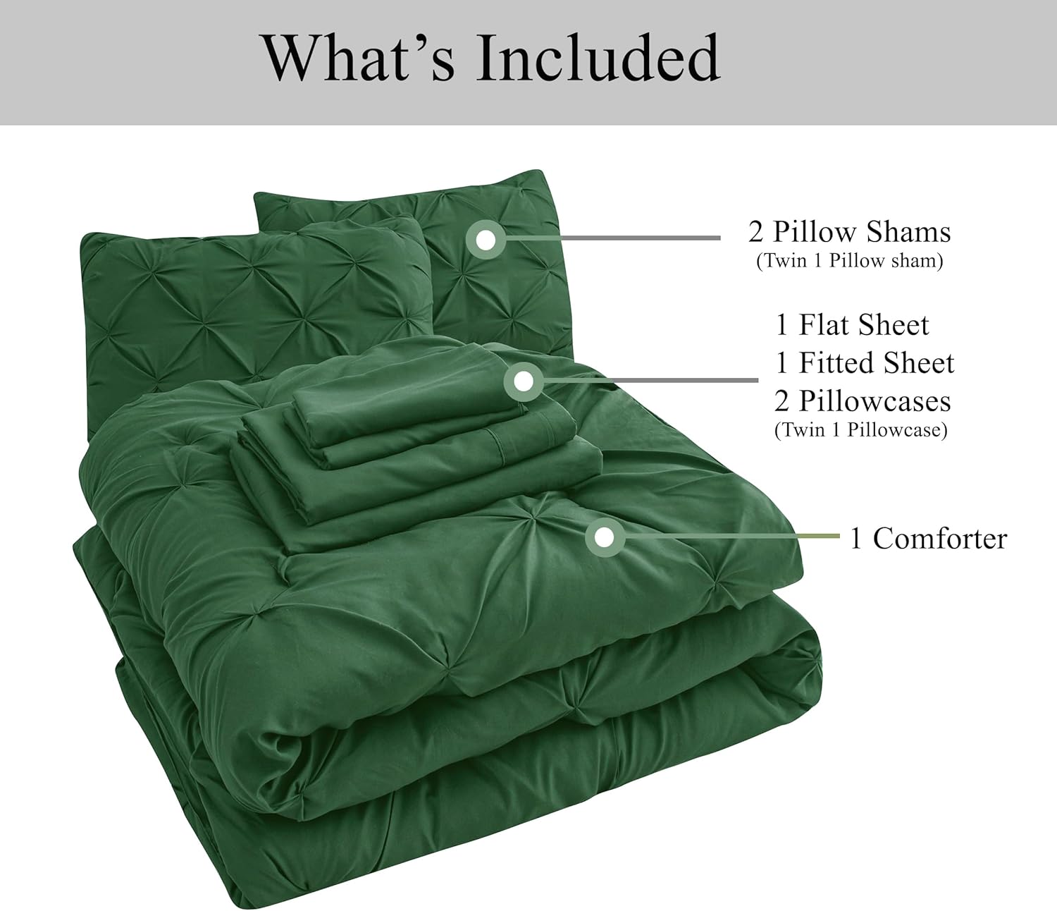 Queen Size Comforter Set – 7 Pc All in One, Bed in a Bag - Featuring Modern Pintuck Stitch Design - Includes Comforter, 2 Pillowcases, 2 Shams, Flat & Fitted Sheet - Apartment Essentials - Olive Green | Apartment ready, Textured bed look, Light comfort, Breathable softness, Easy setup
