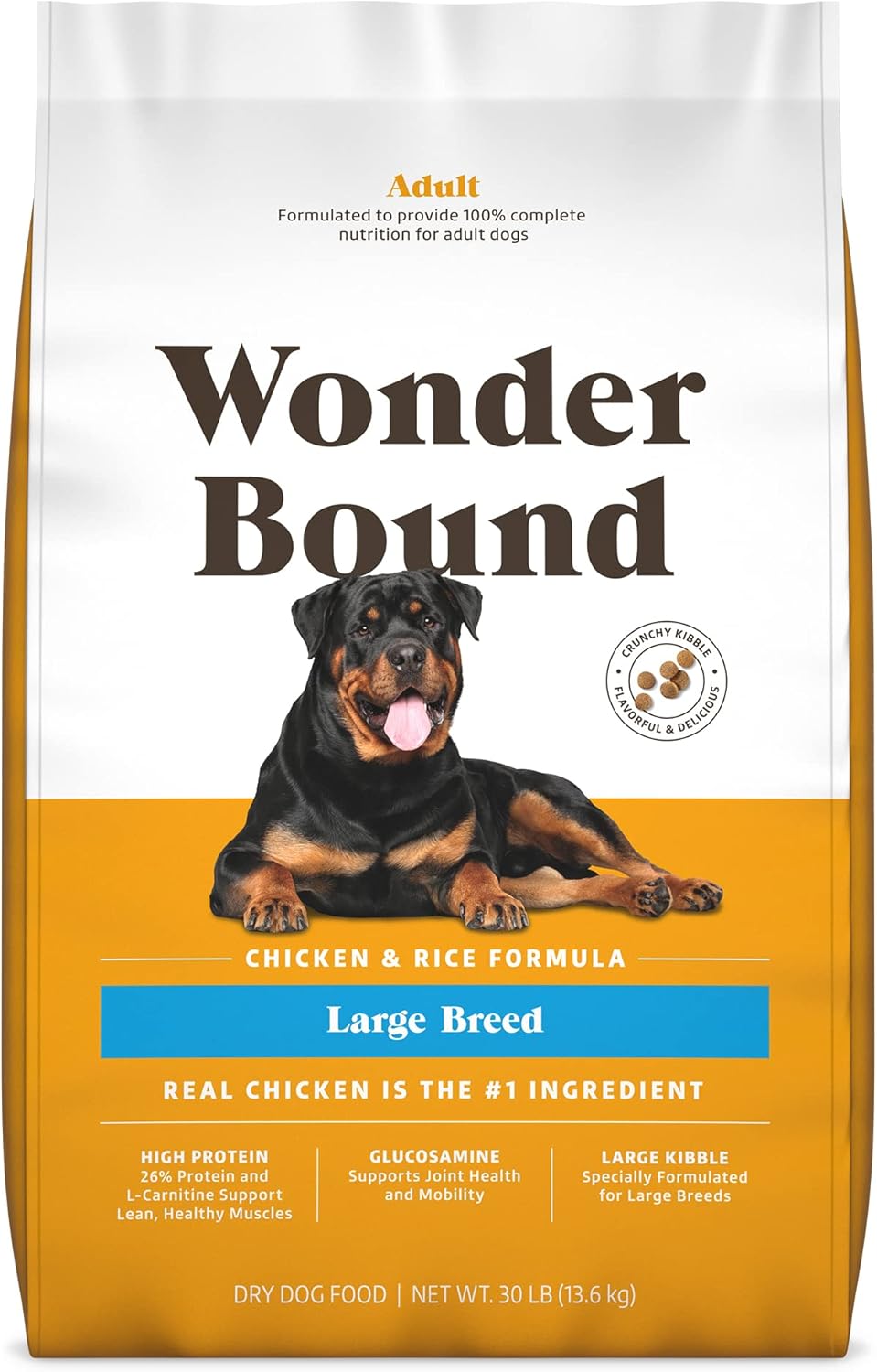 Amazon Brand - Wonder Bound Large Breed, Adult Dry Dog Food, Chicken & Rice, 30 pound (Pack of 1) different date