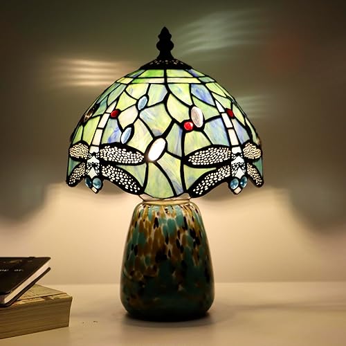 Miniatura 4 de Tiffany - Lámpara de mesa de hongos estilo libélula azul mar Lámpara de acento de vidrieras marrón base de vidrio azul 8 x 8 x 12 pulgadas
