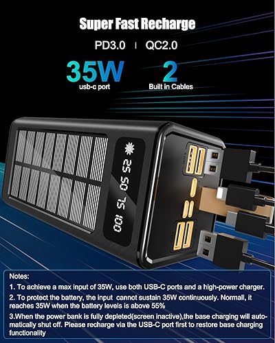 Miniatura 3 de Banco de energía de 90000 mAh, carga rápida de 35 W con cargador solar, cables USB-CLightning incorporados, cargador portátil de alta capacidad para