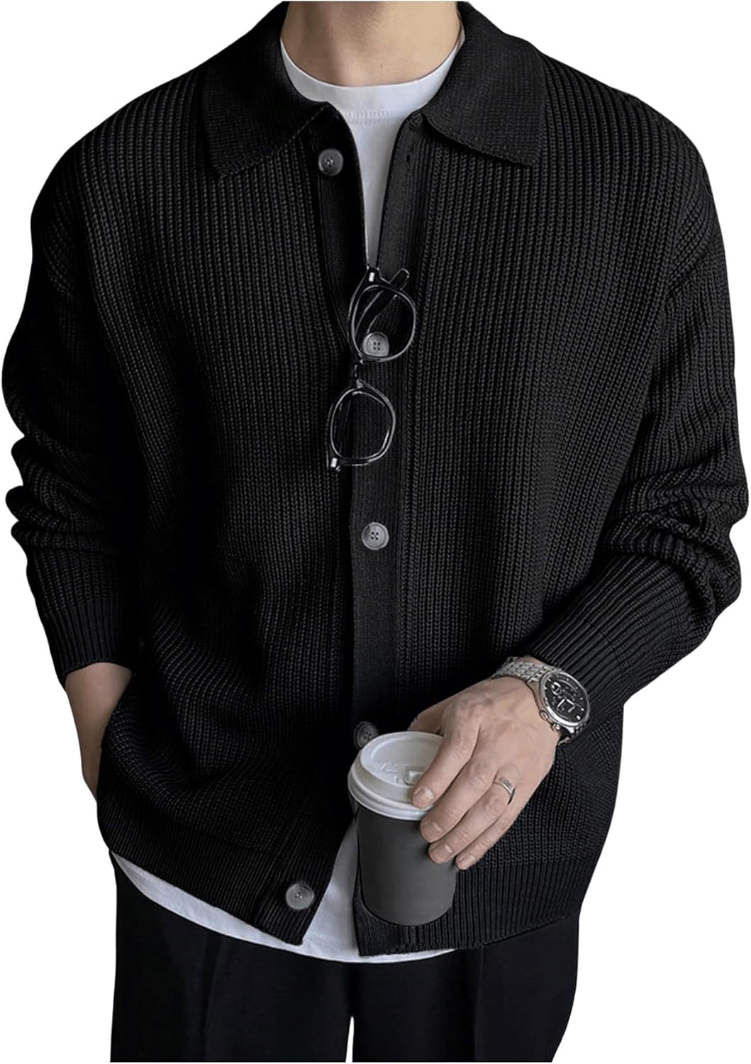 GORGLITTER Men's Lightweight Cardigan Oversized Button Down Collar Neck Knit Sweaters Casual Workout Tops