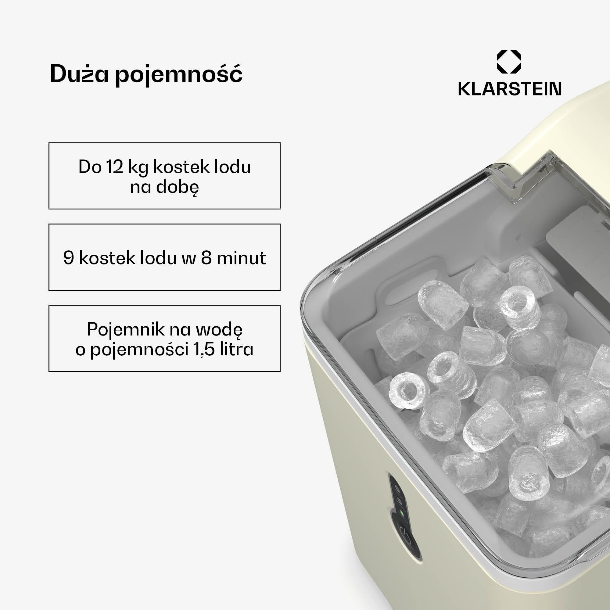 Klarstein malý výrobník kociek ľadu - 12 kg/24 h, 8 min cyklus, 1,5 l nádrž na vodu, LED displej, priehľadné veko, prenosný, obsahuje naberačku - výrobník ľadových kociek na párty