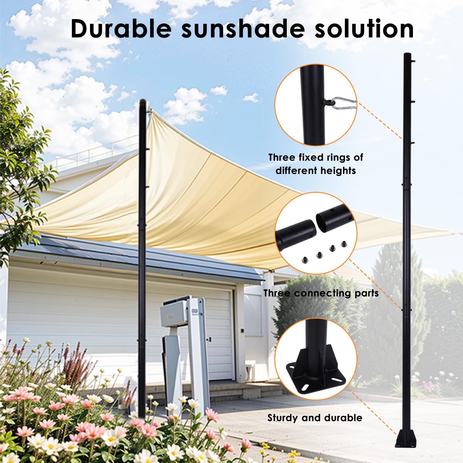2er-Pack Sonnensegelmaste, 300cm Pfosten für Sonnensegel Metall, 61mm dicken Durchmesser Ständer Sonnensegel Befestigung Set für Garten Terrasse Hinterhof Rasen