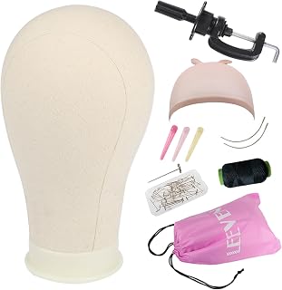 Leeven 21-24" Poly Canvas Wig Head Mannequin Block with Clamp Stand - Durable for Making, Styling, Drying Wigs