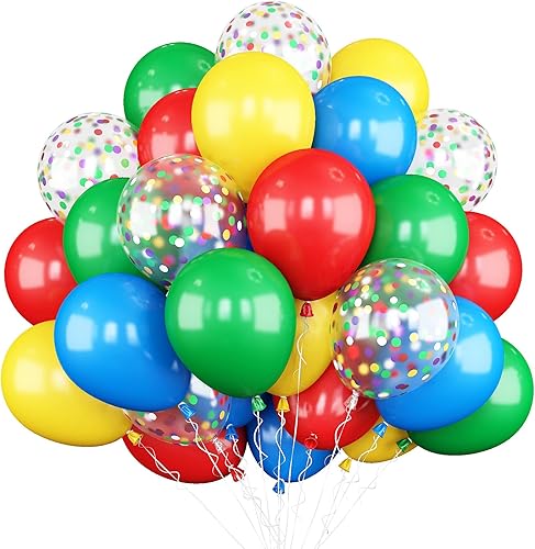 Biapian Globos rojos, amarillos y azules, 60 globos rojos y azules verdes, globos de látex mate de 12 pulgadas, globo de confeti colorido para