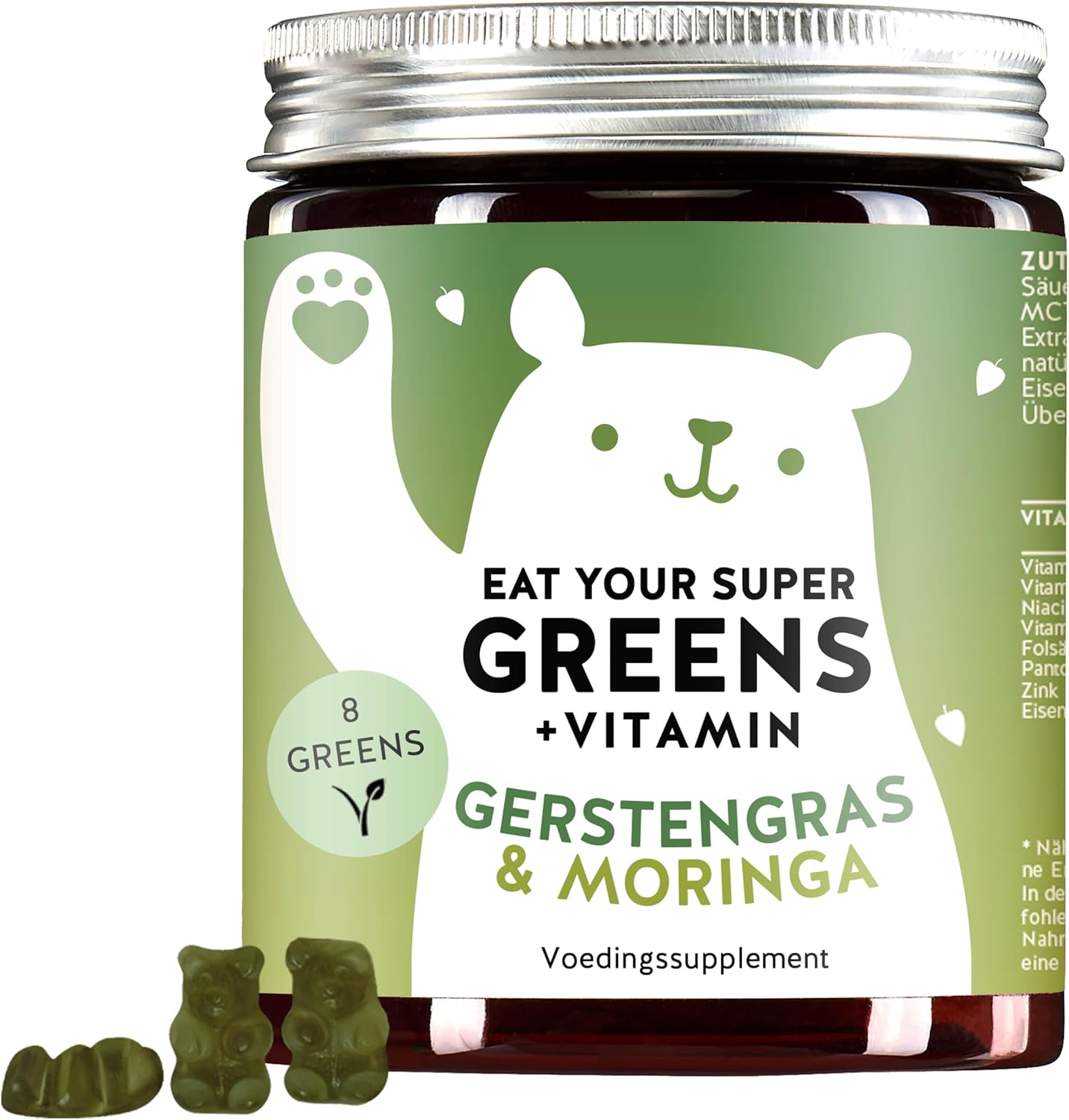 All Your Supergreens – Hooggedoseerd Vitaminecomplex – 8 superfoods voor immuunsysteem – Gerstegras, Moringa, chlorella, zink, ijzer – vegan – 60 stuks Maandelijkse voorraad – Bears With Benefits