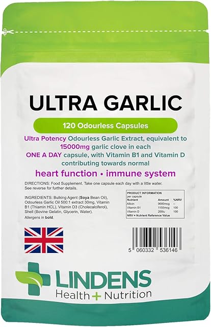 Lindens Ultra Garlic Odourless Capsules - 120 Pack - Including Vitamin B1 and D3 - Contributes to Normal Muscle Function, Heart and Immune Health - 15000mg Garlic (10500mcg Allicin) - UK Manufacturer, Letterbox Friendly