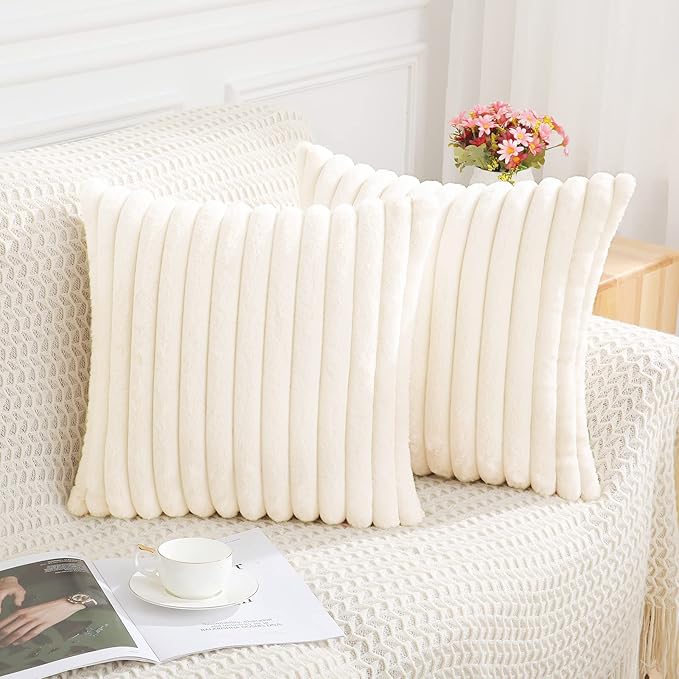 Pallene Faux Fur Plush Throw Pillow Covers 18x18 Set of 2, Luxury Soft Fluffy Striped Decorative Spring Pillow Covers for Sofa, Couch, Living Room, Cream White