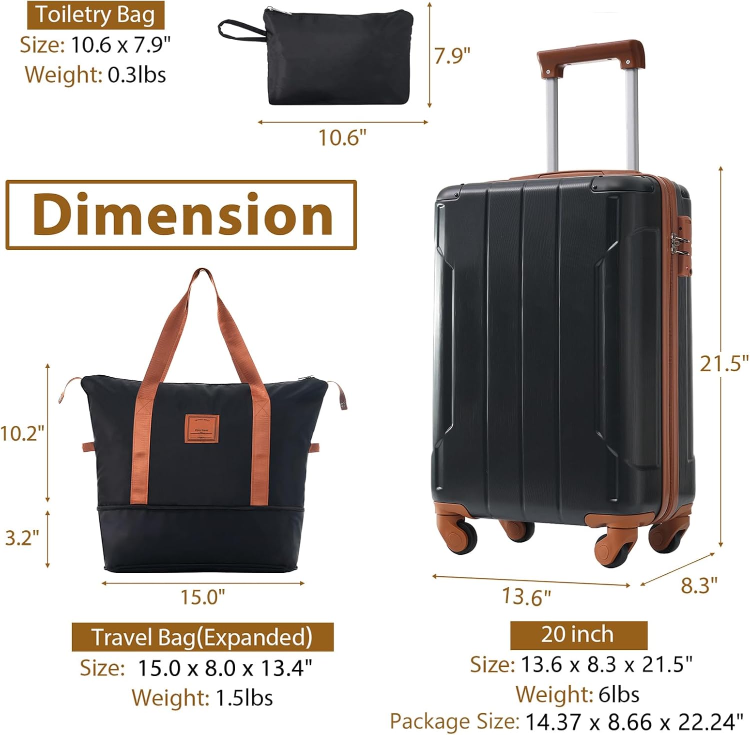 20 Modern Design 3 Piece Caryy-on Luggage Set with Spinner Wheels Lightweight Carry On Luggage Suitcase Trolley Case TSA-approved Carry-on Luggage Black Brown