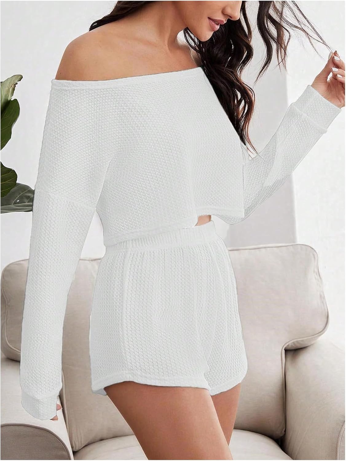 SweatyRocks Women's Off The Shoulder Waffle Knit Pajama Sets Crop Top and Shorts Lounge Set White Medium - Image 2