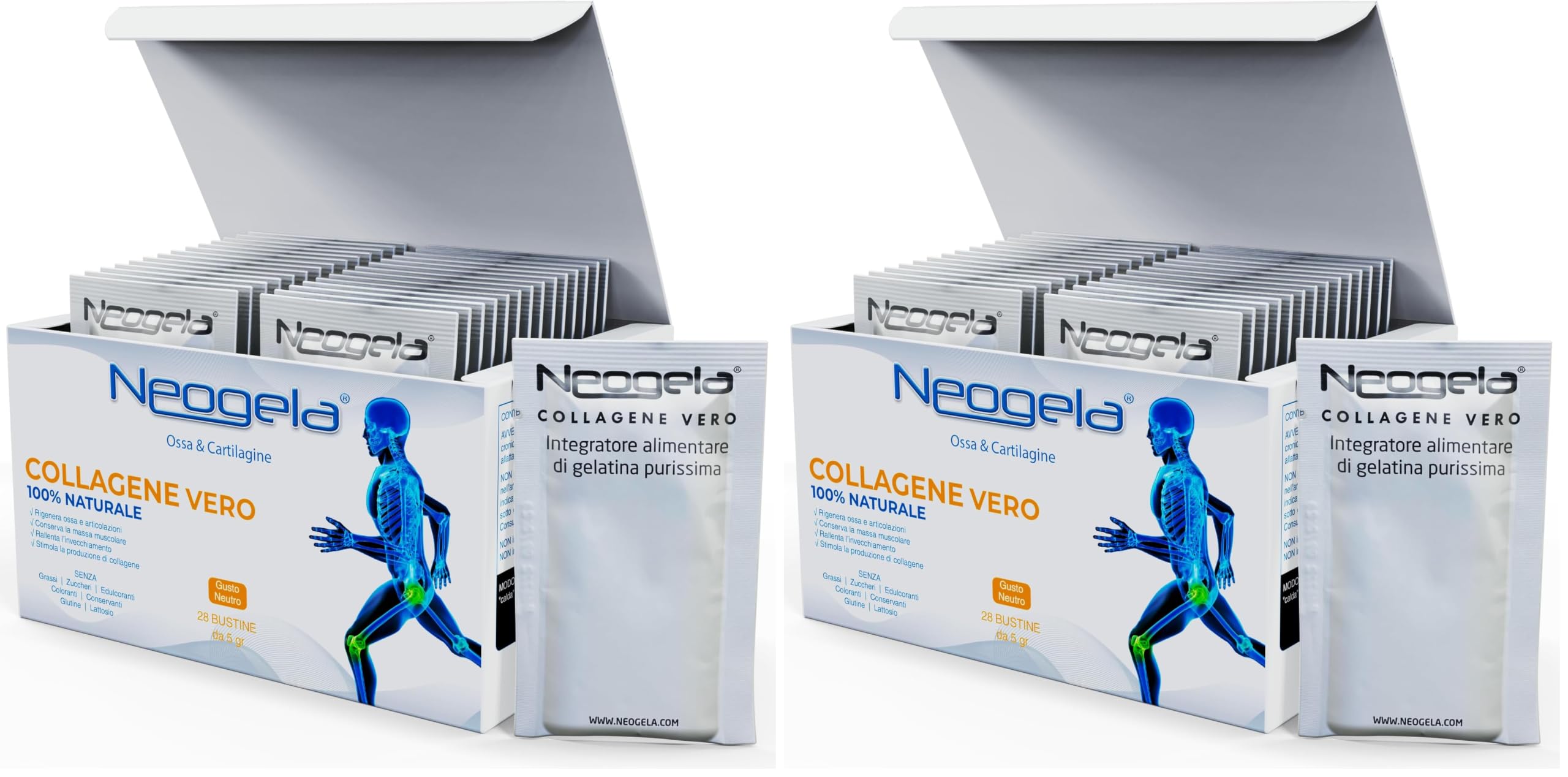 Neogela - 98% di collagene purissimo (Formato da 140gr, Prodotto Naturale) - Scatola da 28 Buste da 5gr - Benessere Osseo e Articolare (Confezione da 2)
