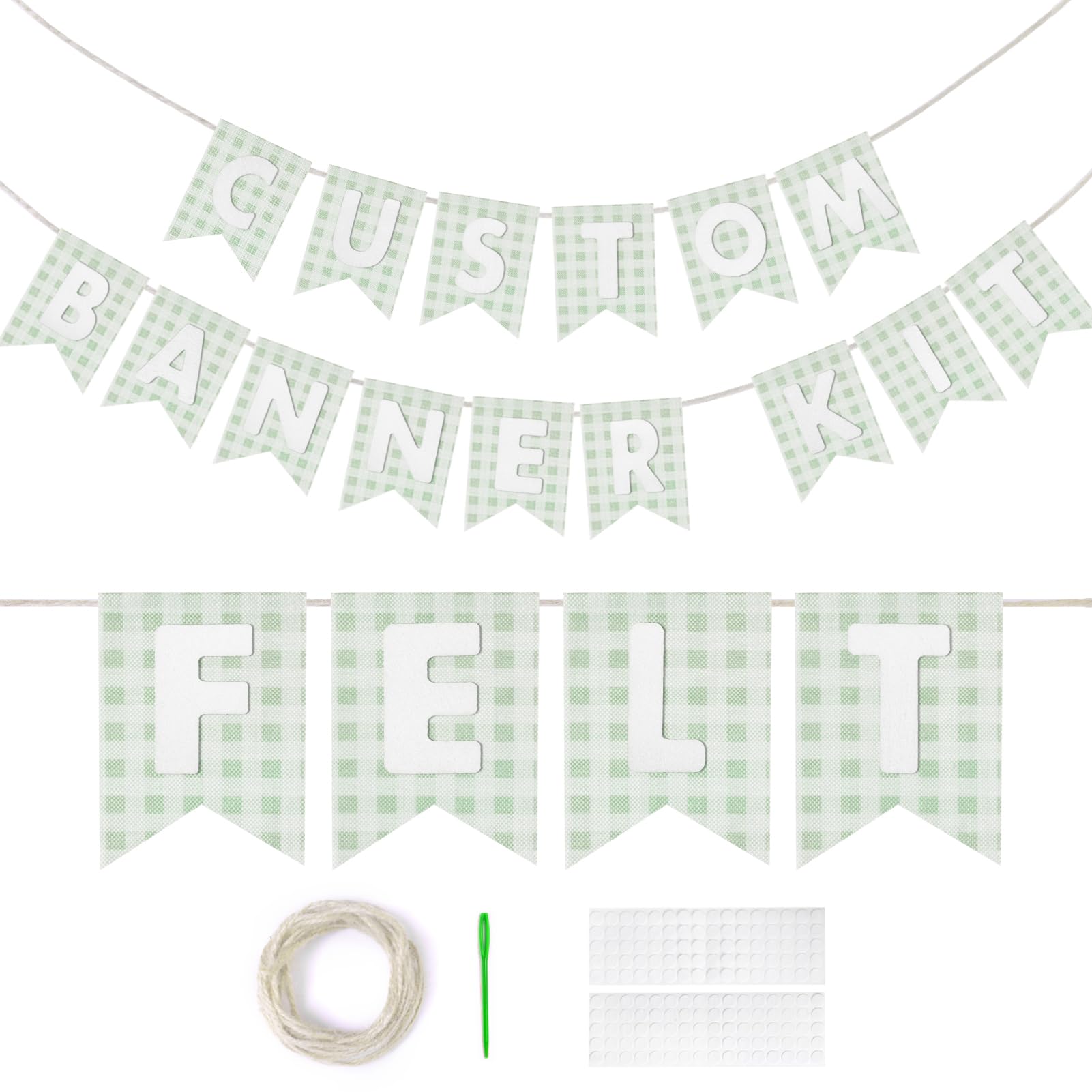 Custom Banner Kit - DIY Burlap Banner with 92 Felt Letters - Personalized for Birthday, Wedding & Party Decorations (green gingham+white letter)