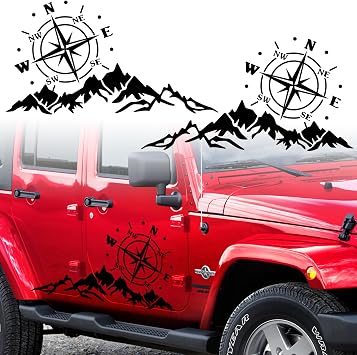 2Pcs Car Decals Mountain Compass,Cool Auto Stickers Waterproof Vinyl Hood Decal Car Window Sticker Auto Graphics Body Side Door Trunk Decoration for Racing Car SUV Truck Off-Road Vehicle Jeep RV,Black