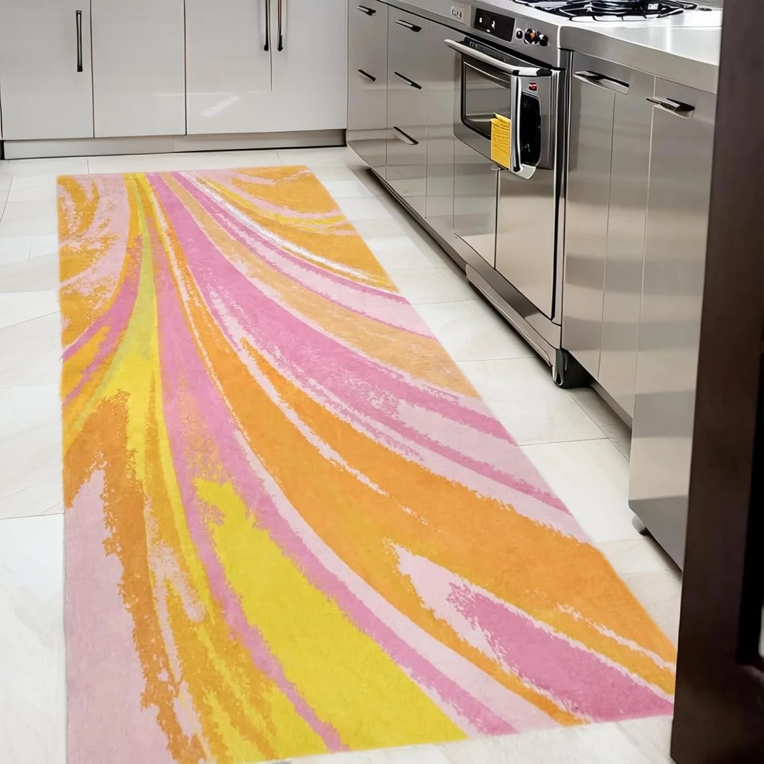ABREEZE Colorful Striped Rug, Soft Fluffy Shaggy Decor Non-Slip Washable Carpet for Bedroom Living Room Pink and Yellow Runner Rug 31.5”x63”