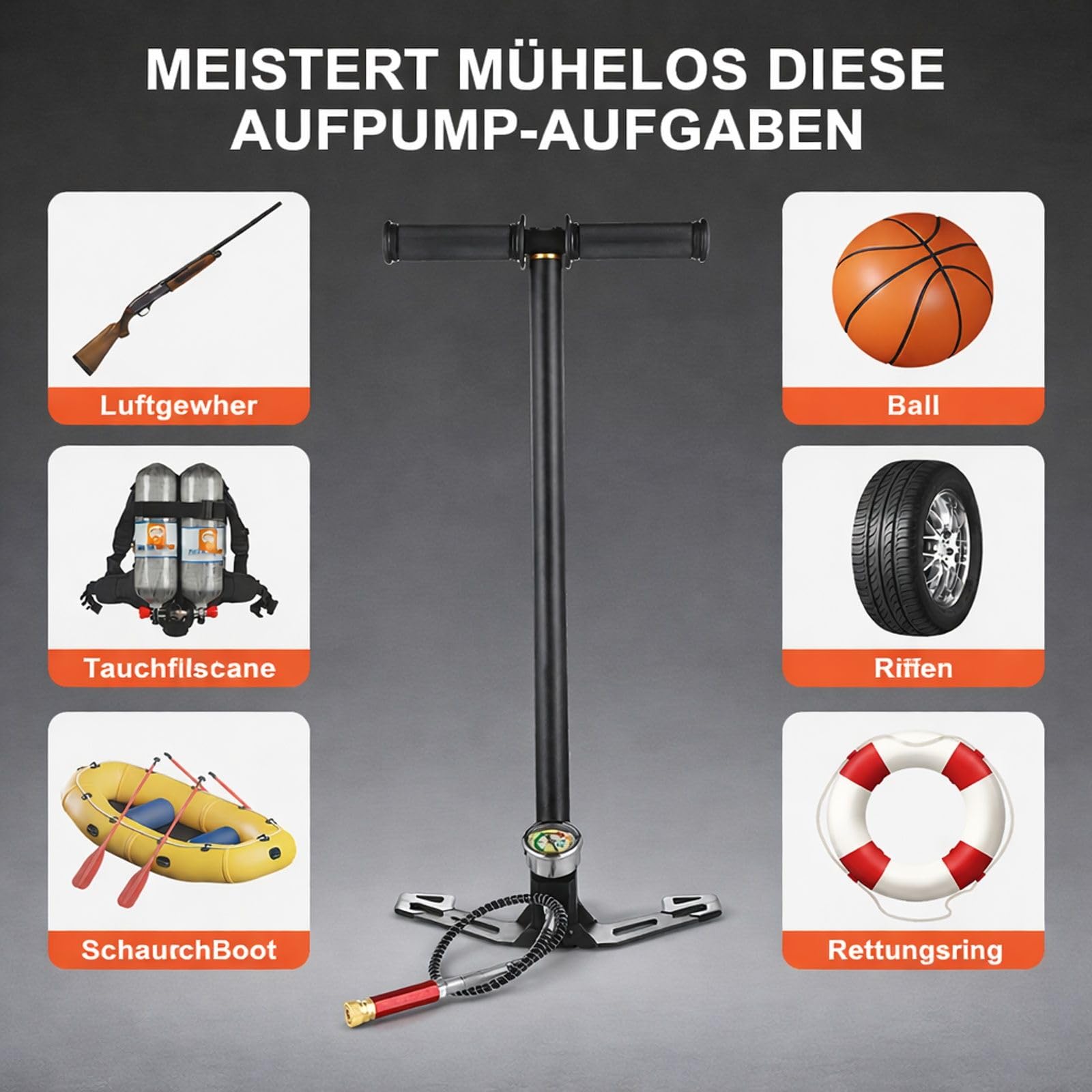 PCP Standpumpe mit Manometer, Edelstahlgehäuse für Fahrrad und Auto