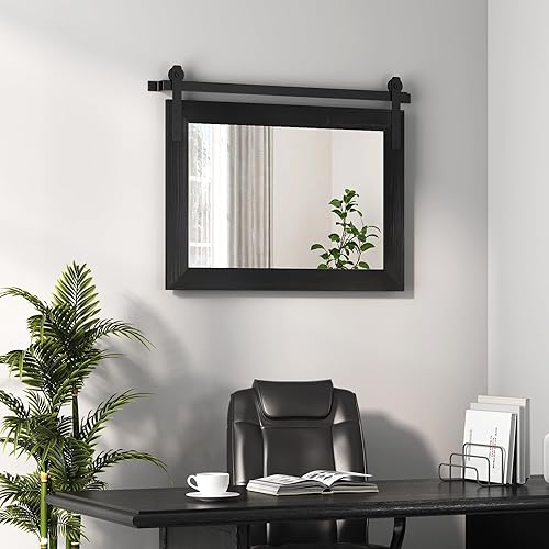 Miniatura 2 de Espejo para puerta corrediza de granero, 34 x 28 pulgadas, de madera rústica, decoración de pared para comedor, entrada, sala de estar, dormitorio,