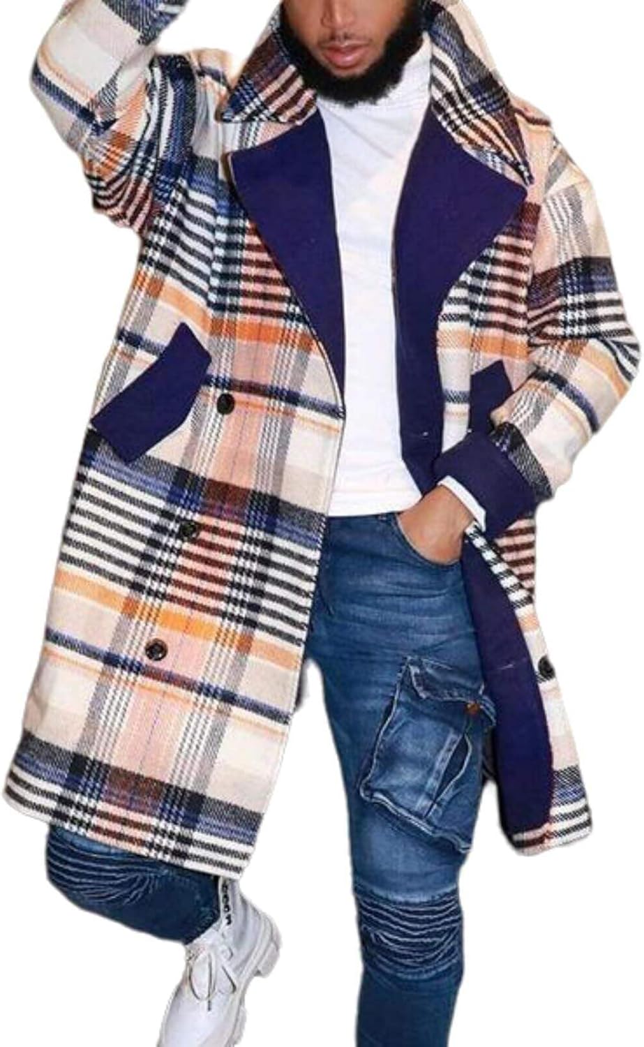 Men's Plaid Long Trench Coat Mid - Length Lapel Collar Button Down Warm Overcoat fo...