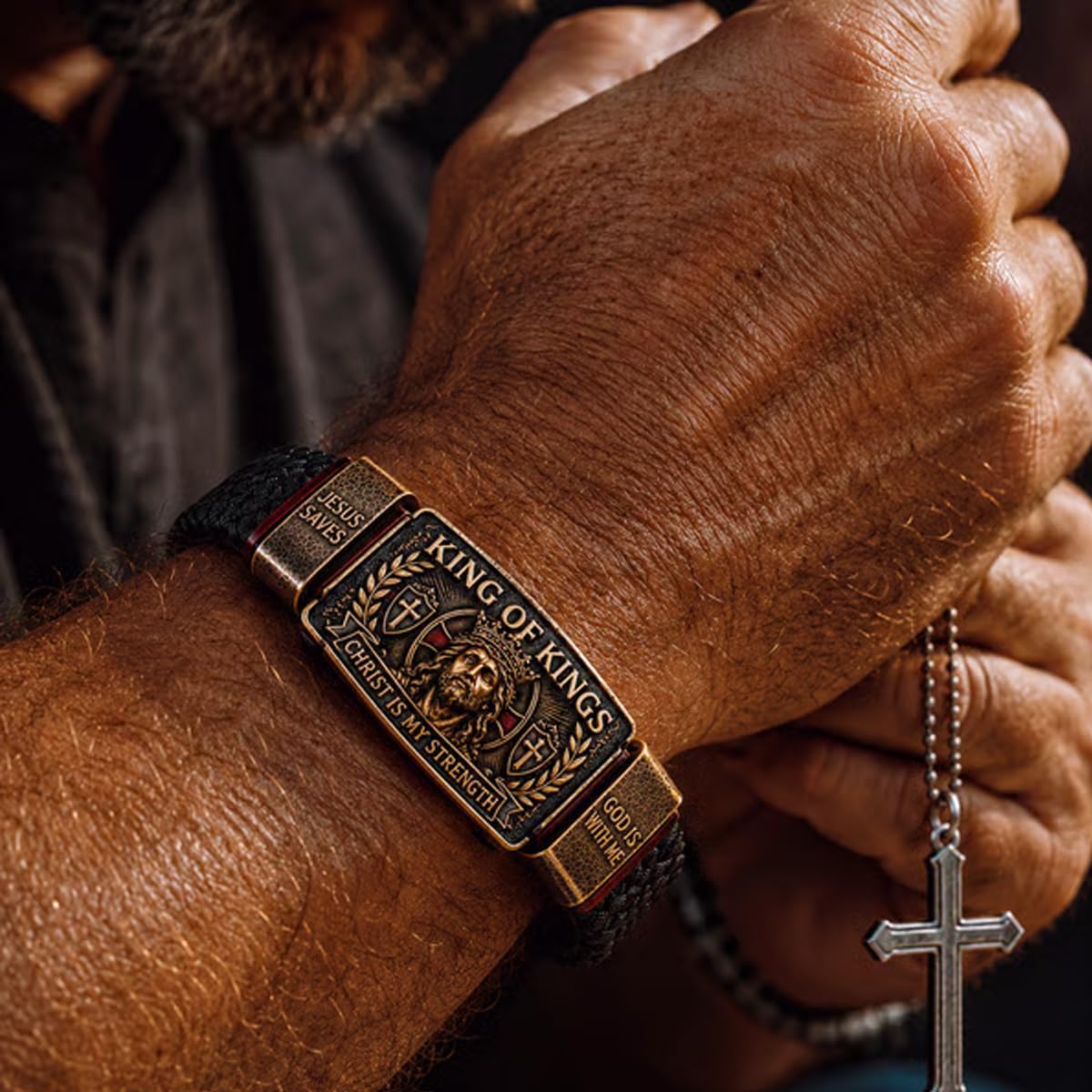 Bransoletka King of Kings Faith – regulowana chrześcijańska opaska na rękę, 'Jesus Saves Cross Cuff Bangle', inspirująca biżuteria religijna dla męża, taty, syna, Chrystus jest moją siłą
