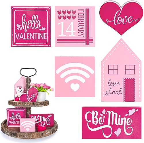 AnyDesign 6 piezas de decoración de bandeja escalonada para el día de San Valentín caseta de amor color rosa forma de corazón decoración de mesa de