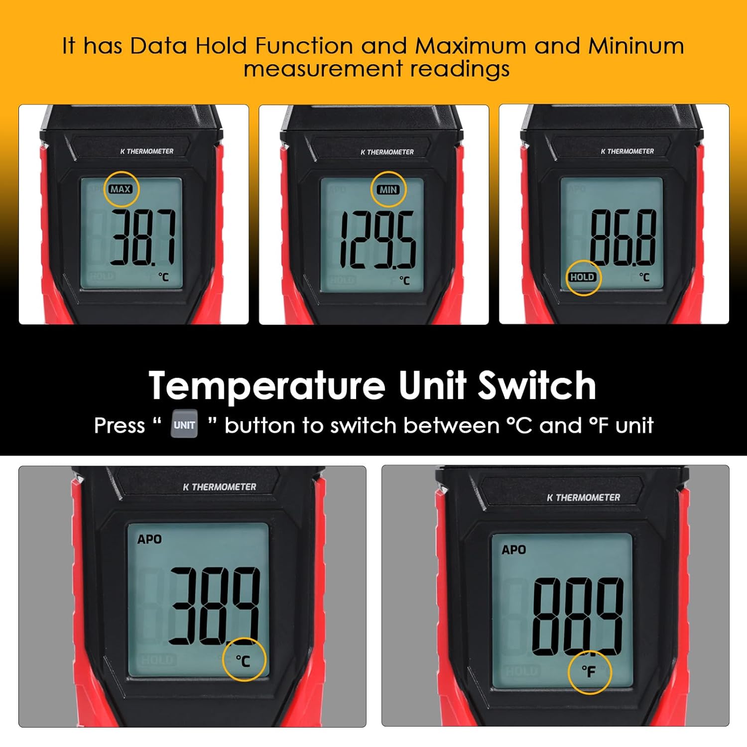 Digital K Type Thermometer, Thermocouple Thermometer Single Channel Thermocouple Tester(-328~2501℉) with 1 Temperature Clamp and 1 Thermocouple Probes LCD Display for K Type