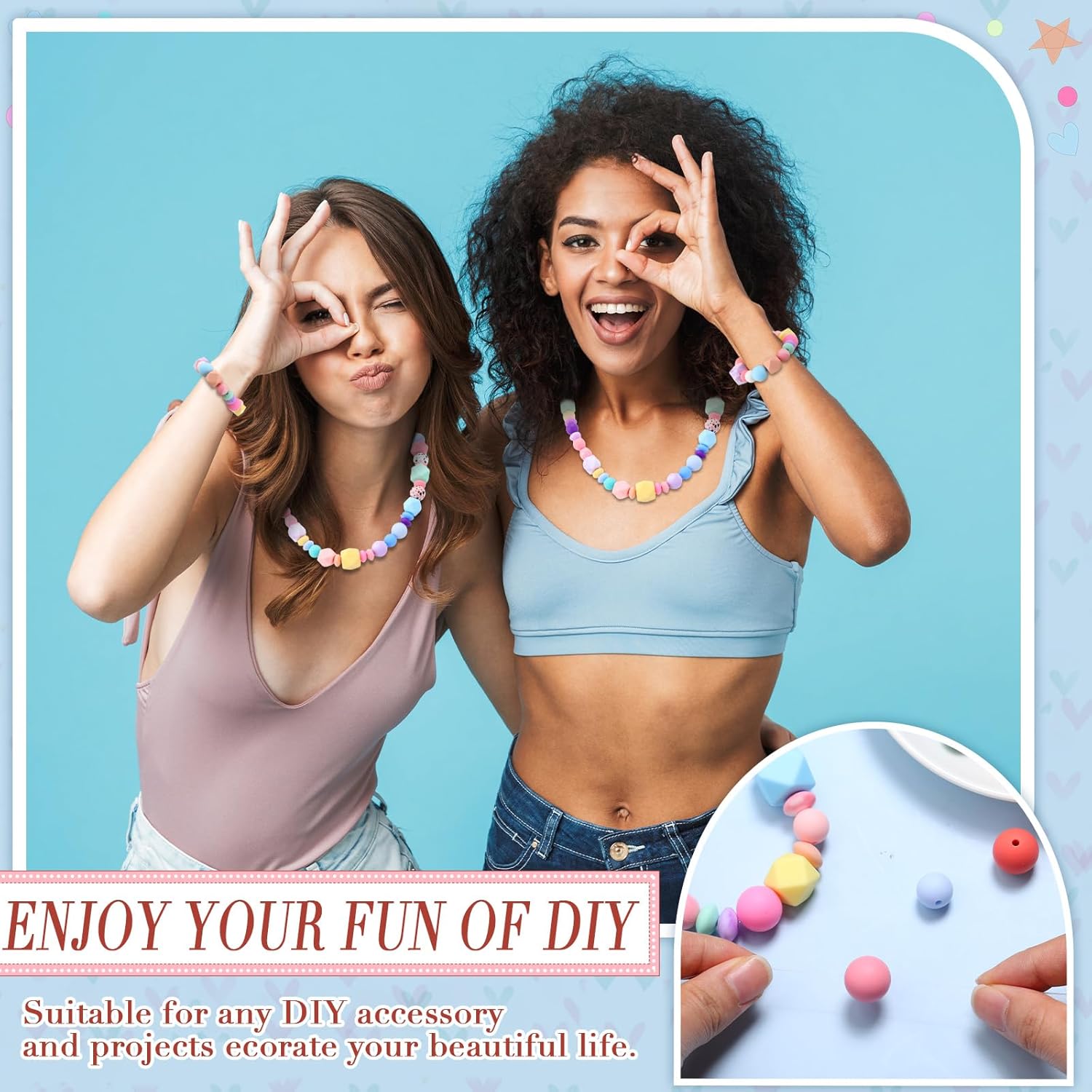 Hotop 636 Pcs Silicone Beads for Keychain Making Kit, 12mm15mm Round 14mm17mm Polygonal Silicone Rubber Beads for Keychain DIY Necklace Bracelet Jewelry Making Supplies