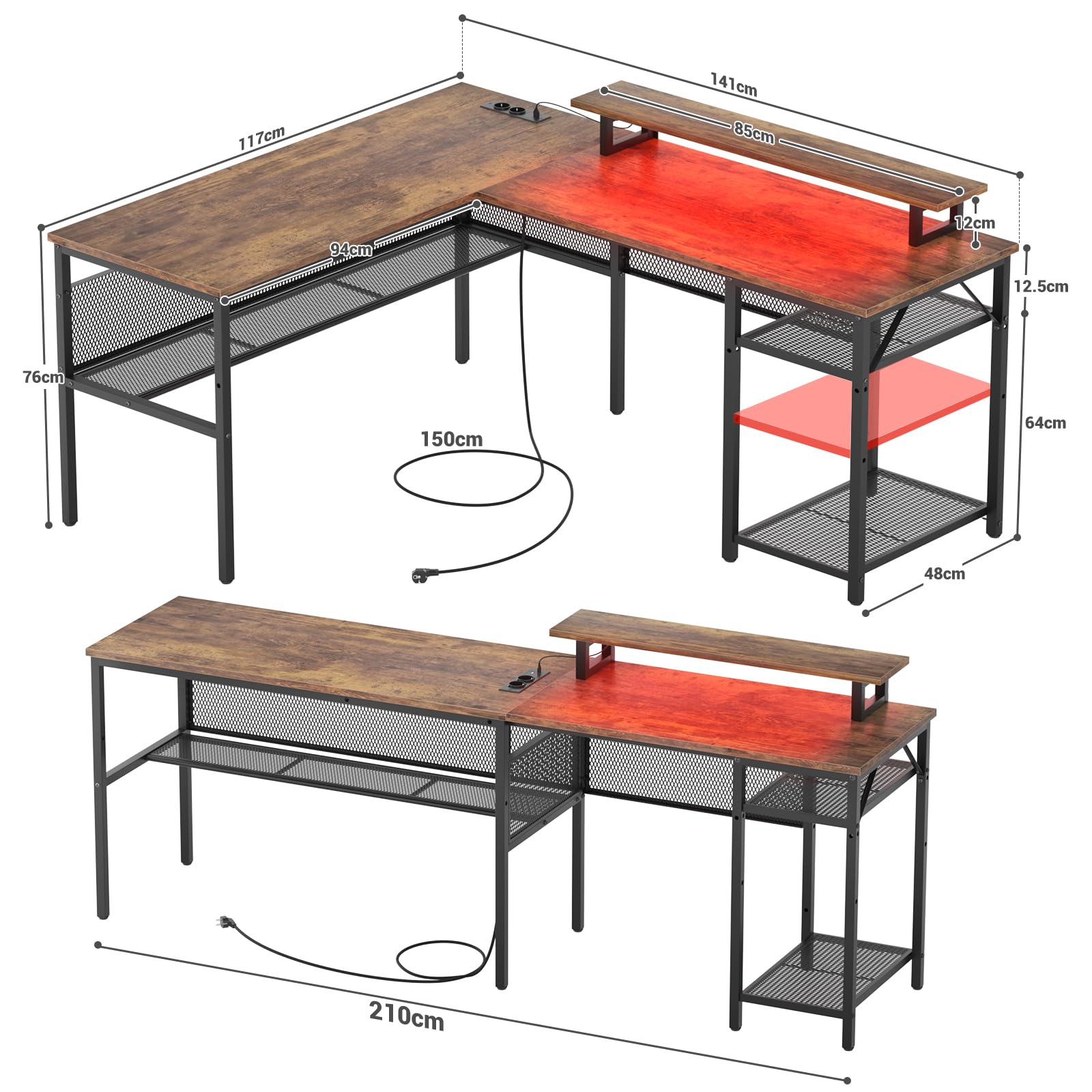 iSunirm Escritorio de Esquina Ordenador,140 x 116 x 76cm Escritorio en L con Enchufes y Puerto de Carga USB,Mesa en L con Estante para Monitor para Oficina en Casa,Marrón
