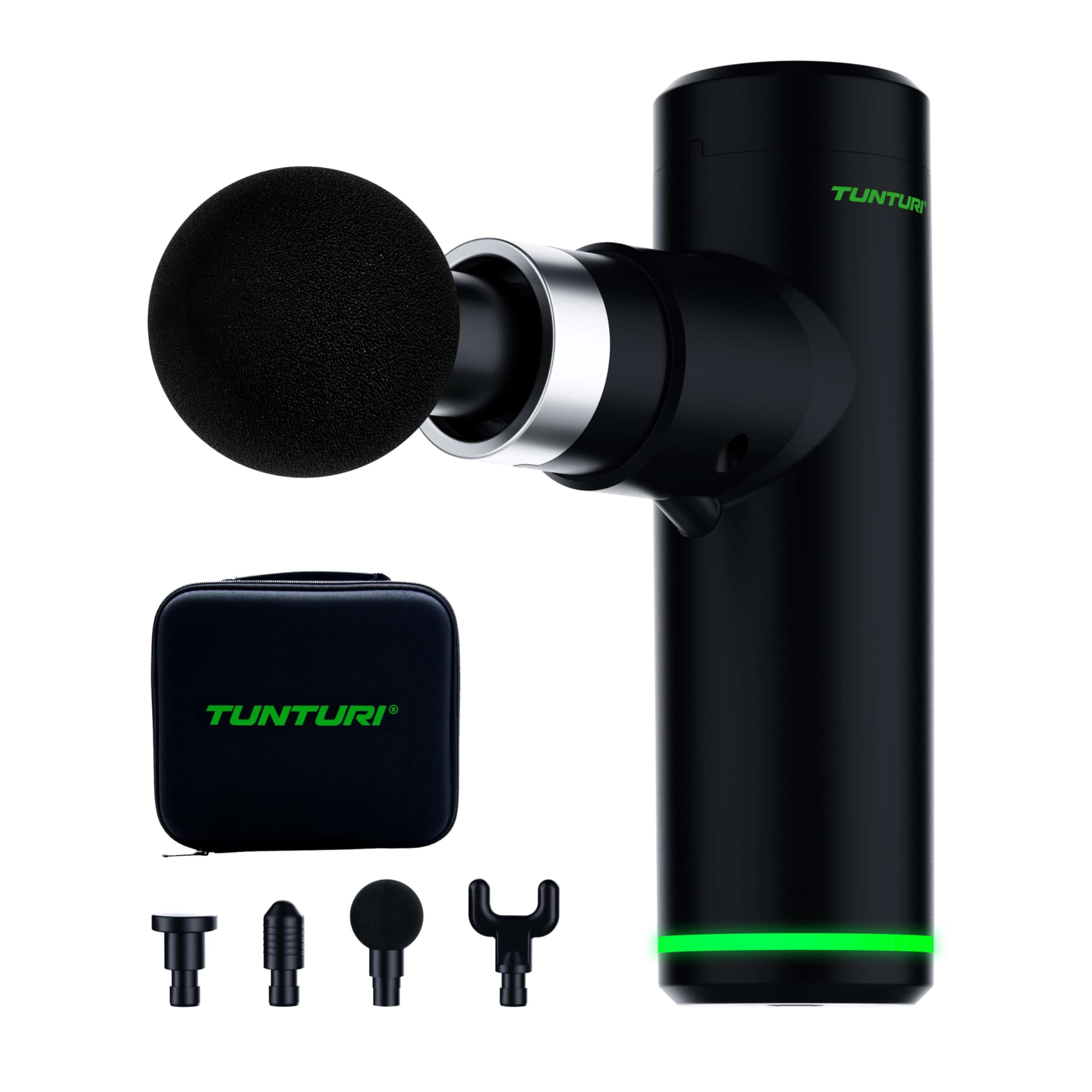 Tunturi MG30 Massagepistole Mini, Taschenformat, ultraleise Massage Pistole, Massage gun, Entspannung und Massage, Massagegerät mit 6 Geschwindigkeiten, 4 Kopfstücke