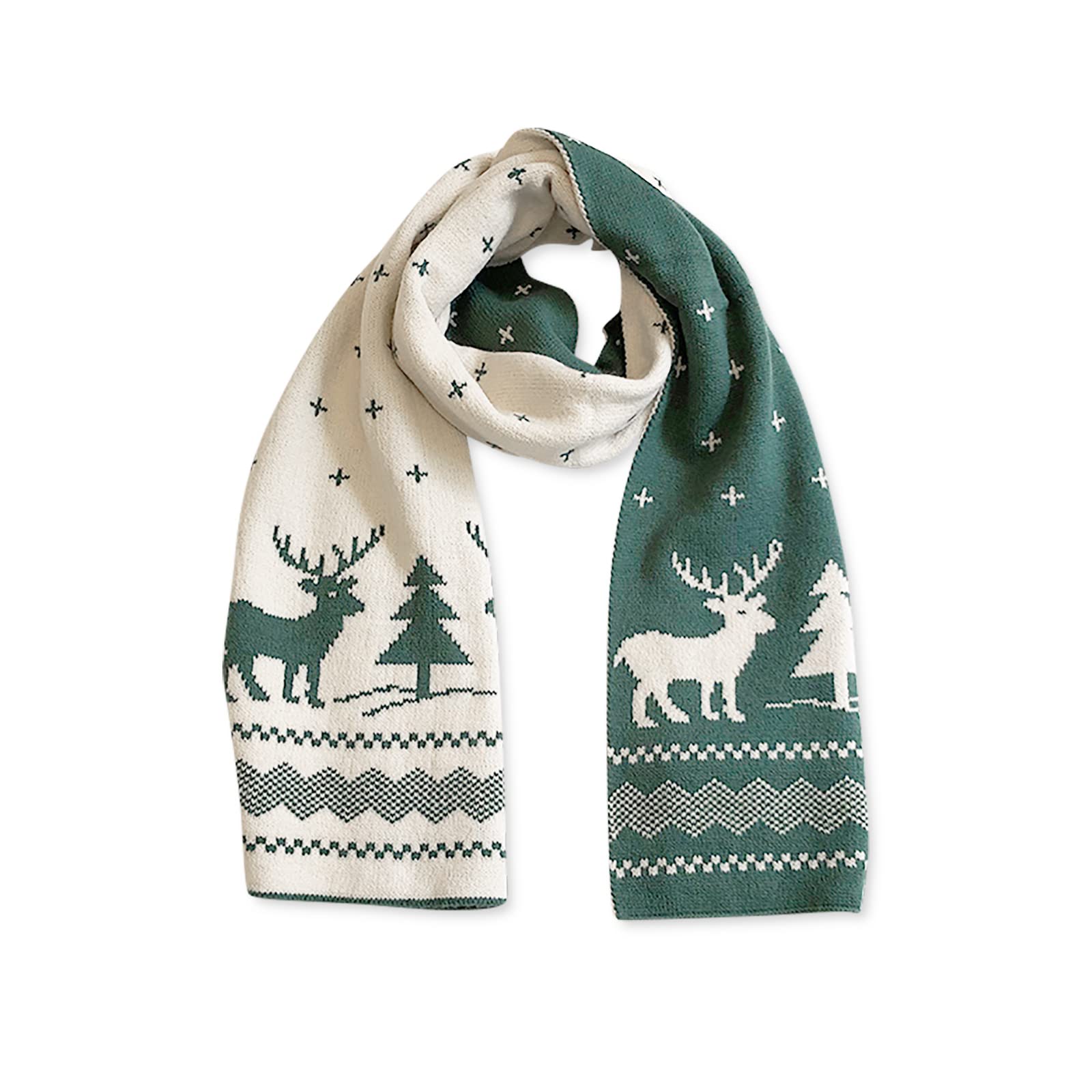 Lumisyne Women's Dark Green Winter Knitted Scarf For Reversible Christmas Scarf Fair Isle Snowflake Reindeer Soft Warm Long Scarves
