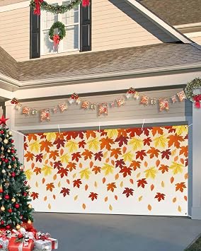 Garage Door Cover Banner 7x16 Ft, Fall Garage Door Decorations for Christmas/Thanksgiving, Gold Red Maple Leaf Thanksgiving Autumn Farmhouse Large Hanging Backdrop Covers for Outdoor Holiday