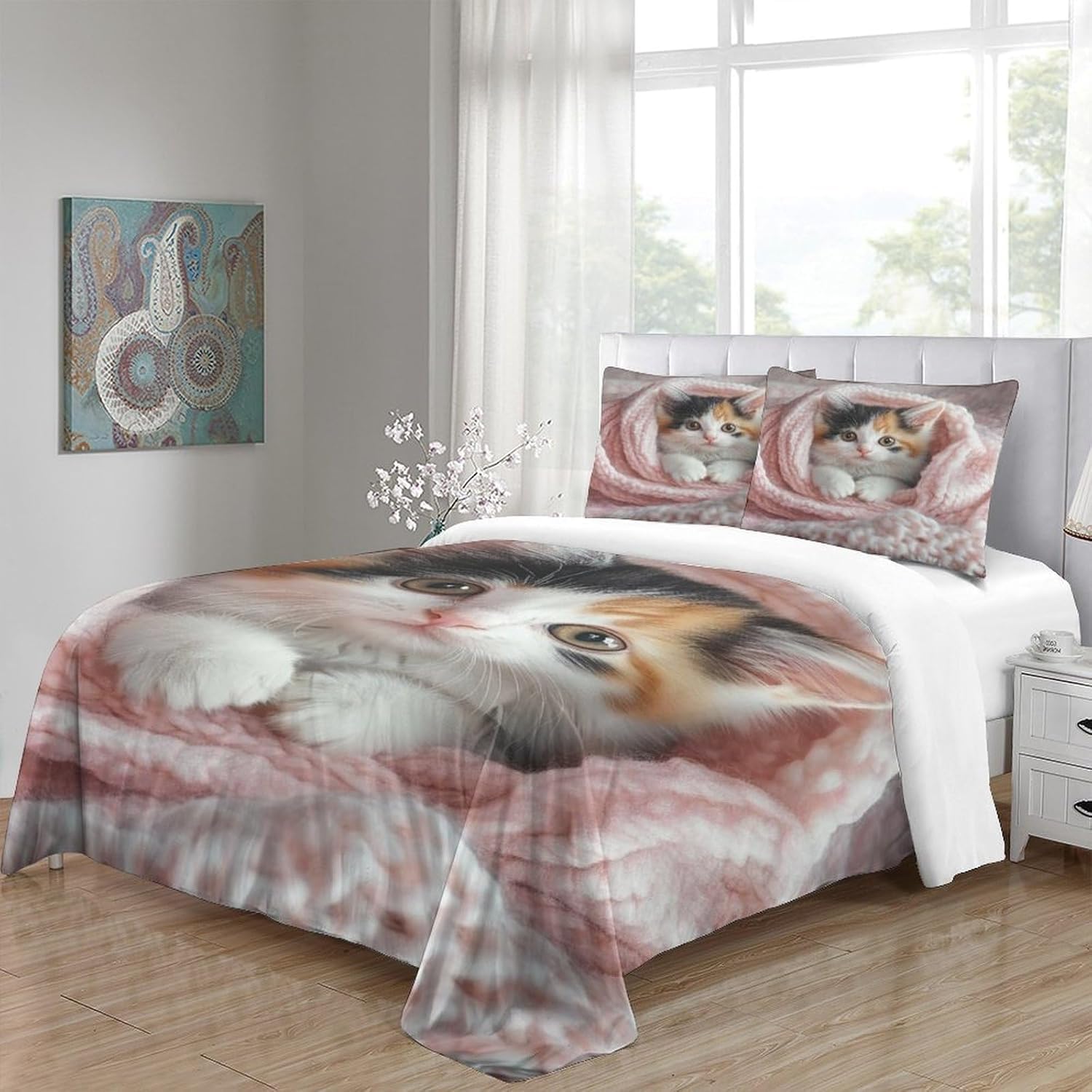 Funda Nordica Cama 135/150 Gato Ropa de Cama 3D Gato Mascota 3 Piezas Suave Transpirable Microfibra Funda Nórdica 240x220 cm y 2 Fundas de Almohada 50x75 cm C.2916