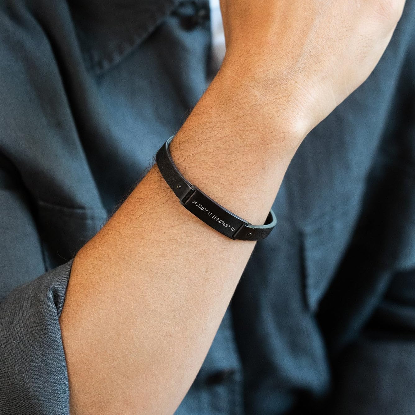 EVE'S ADDICTION Men's Custom Coordinate Black Stainless Steel Leather Bracelet - Personalized Men's Bracelet - Gift for Dad - Father's Day Gift - Gifts for Dad