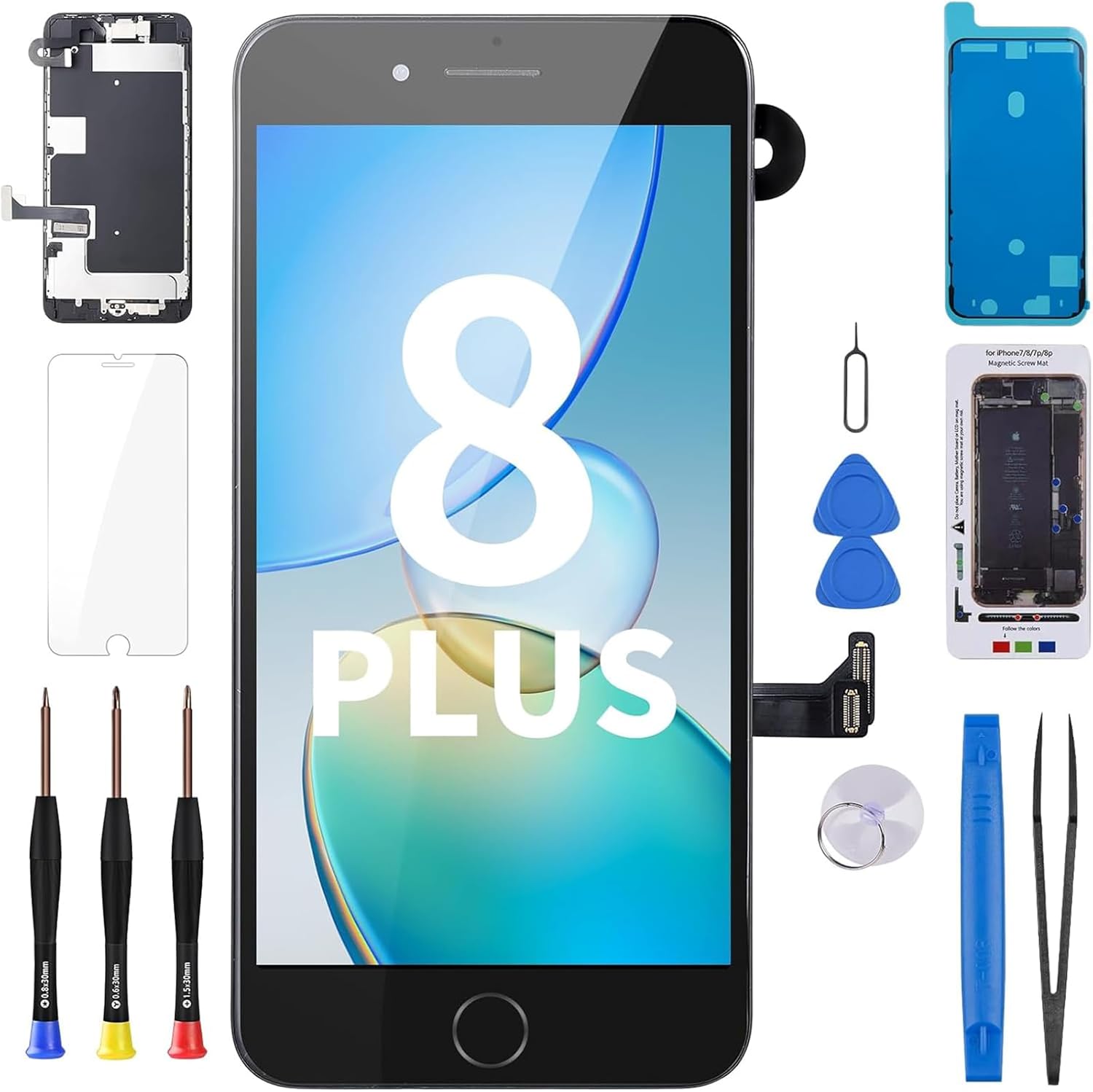for iPhone 8 Plus Screen Replacement Black with Home Button 5.5" 3D Touch LCD Display Digitizer Repair Kit, Front Camera Speaker Sensor Fix Tools Glass Screen Protector for A1864 A1897 A1898