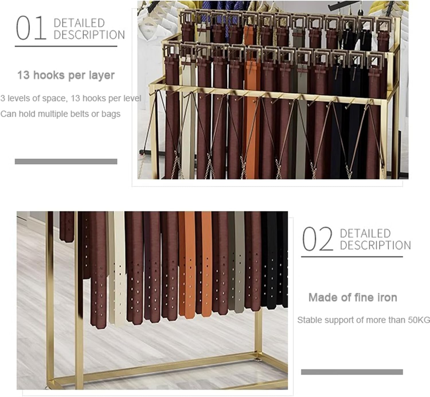 Floor Standing Belt Hanger, Movable Shop Tie Rack Belt Holder Organizer, Space Saving Scarf Stand Shawls Purse Shelf with Hooks for Retail Store (Gold 60x40x150cm)