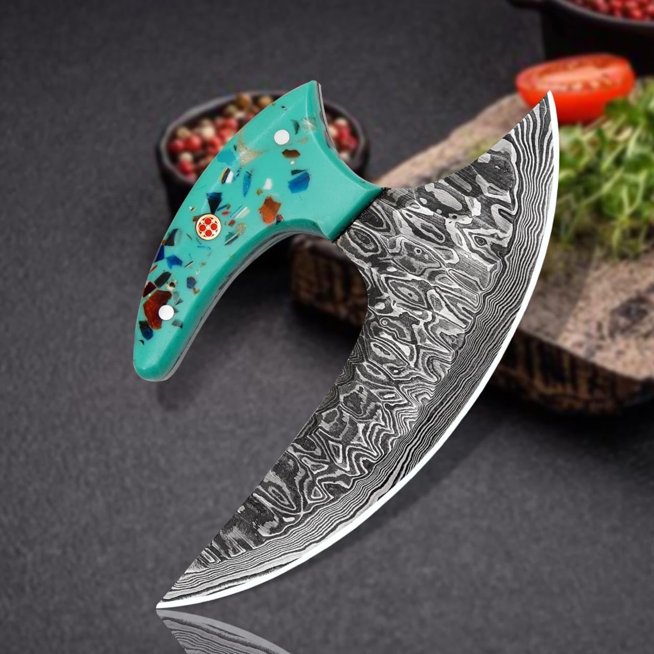 Custom Handmade Damascus Steel Ulu Knife with Leather Sheath – Alaskan Style Rocker Knife for Pizza Cutting, Skinning, Chopping, Mincing & Slicing