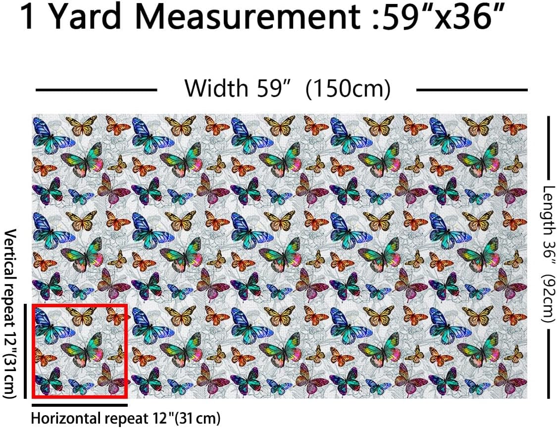 Colorful Butterfly Fabric by The Yard Watercolor Wild Animal Sketch Flowers Fabric for Teens Sewing Lovers Outdoor Rustic Garden View Fabric for Clothing Sewing and Home Accents 3 Yards,108" L x 59" W
